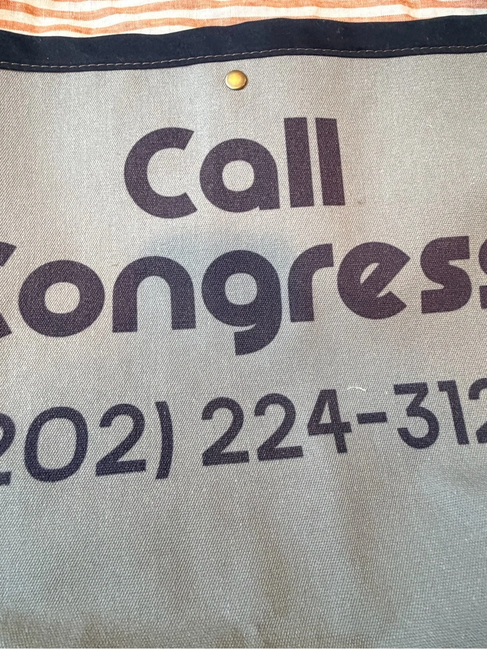 Canvas Messenger Bag with 'Call Congress' Print and Leather Strap